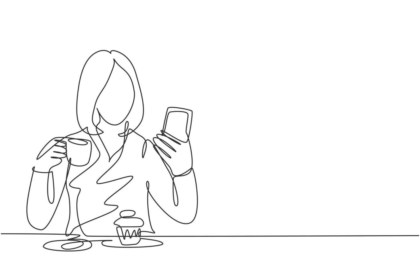 Eine durchgehende Strichzeichnung einer jungen Studentin macht ein Selfie, während sie im Café eine Tasse Kaffee und Cupcake bestellt. Tee trinken Konzept Single Line Draw Grafikdesign Vektor-Illustration vektor