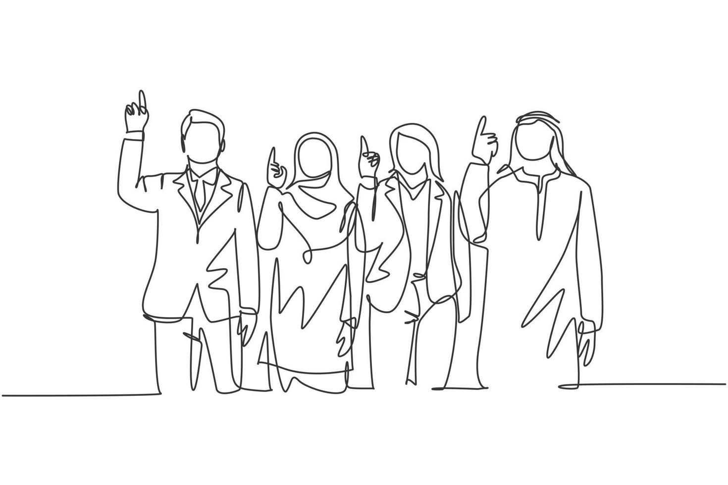 Eine durchgehende Strichzeichnung von jungen männlichen und weiblichen muslimischen Managern, die mit dem Finger in den Himmel zeigen und an Gott glauben. islamische Kleidung Shemag, Kandura, Hijab. Einzeilige Zeichnungsdesign-Vektorillustration vektor