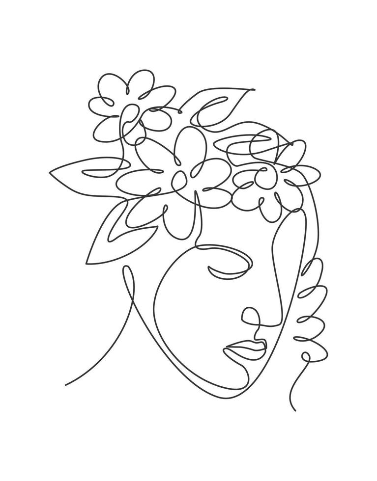 eine einzige Linie, die abstraktes Gesicht mit natürlichen Blumenvektorillustration zeichnet. Schönheitsfrauenporträt minimalistisches Stilkonzept für Wanddekor-Kunstdruck. modernes Grafikdesign mit durchgehender Linie vektor
