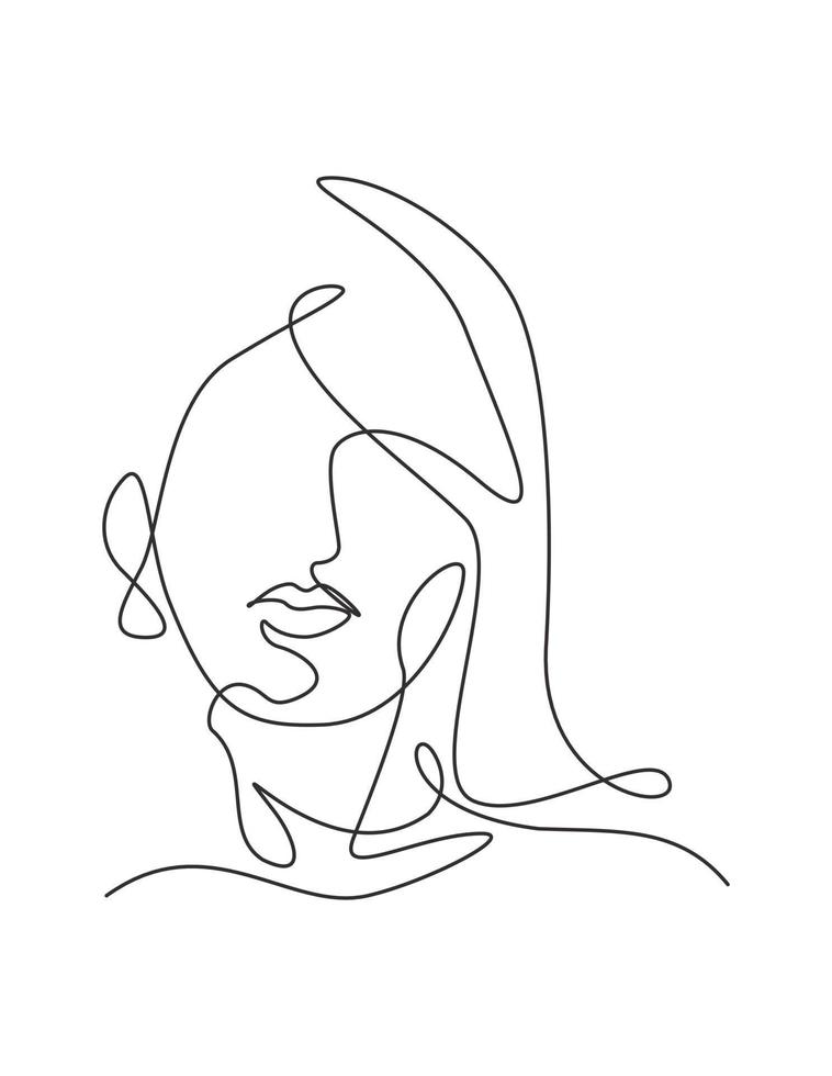 eine einzige Strichzeichnung Frau Schönheit abstraktes Gesicht, Frisur, Mode-Vektor-Illustration. hübsches sexy minimalistisches feminines Stilkonzept für T-Shirt-Druck. modernes Grafikdesign mit durchgehender Linienzeichnung vektor