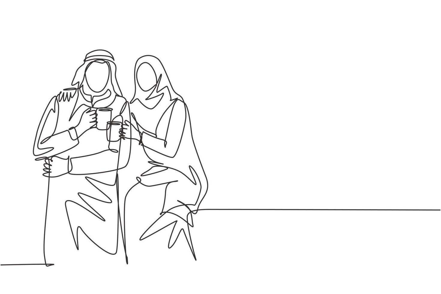 Eine durchgehende Strichzeichnung eines jungen muslimischen und muslimischen Paares posiert romantisch zusammen, während sie eine Tasse Kaffee hält. islamische kleidung shmagh, kandura, schal. einzeilige designillustration vektor