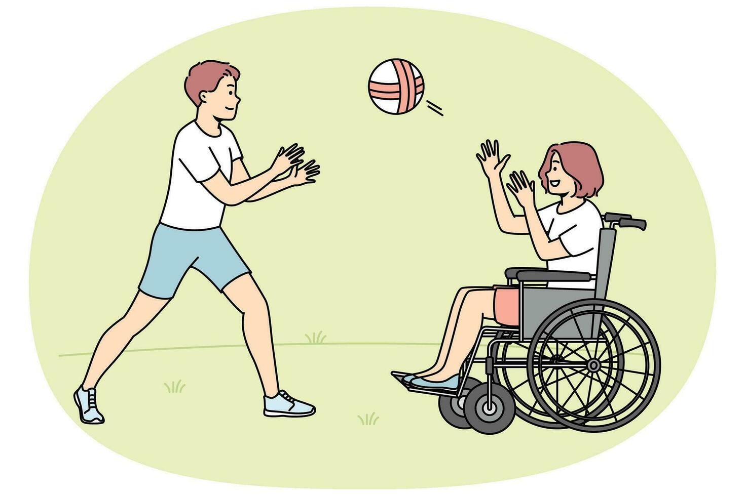 Lycklig pojke spelar boll med handikappade flicka Sammanträde i hjul stol. leende barn ha roligt utomhus. handikapp och nedsättning. vektor illustration.