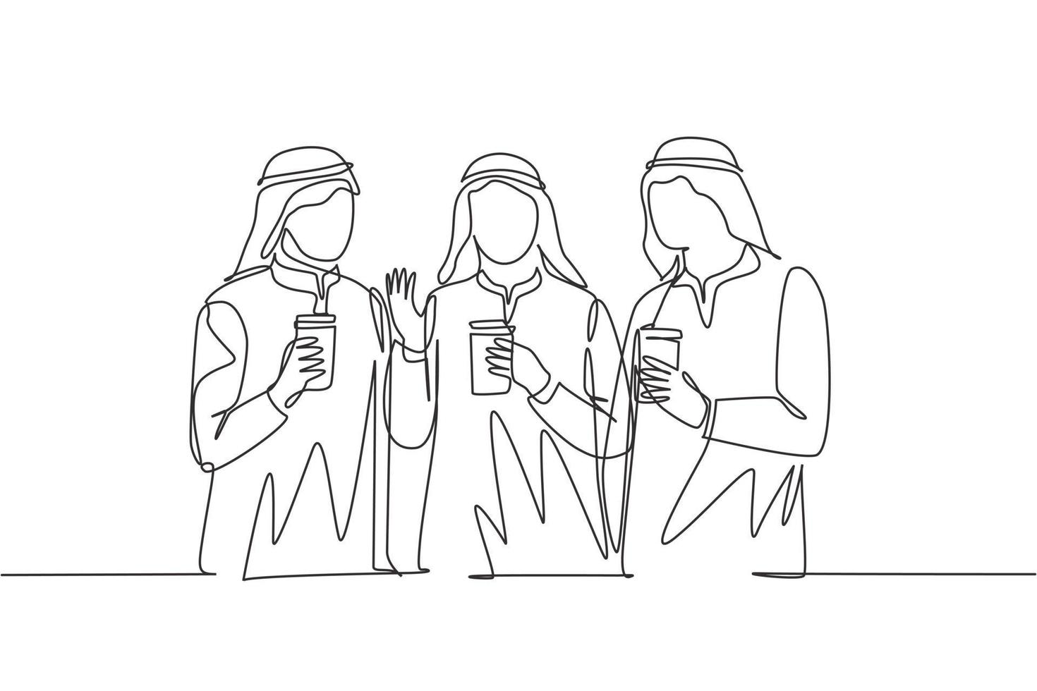 en enda radritning av unga muslimah -tjejer som går tillsammans med vänner som håller ett papperskoppar kaffe. arabisk Mellanöstern kvinnlig hijab och slöja. kontinuerlig linje rita design illustration vektor