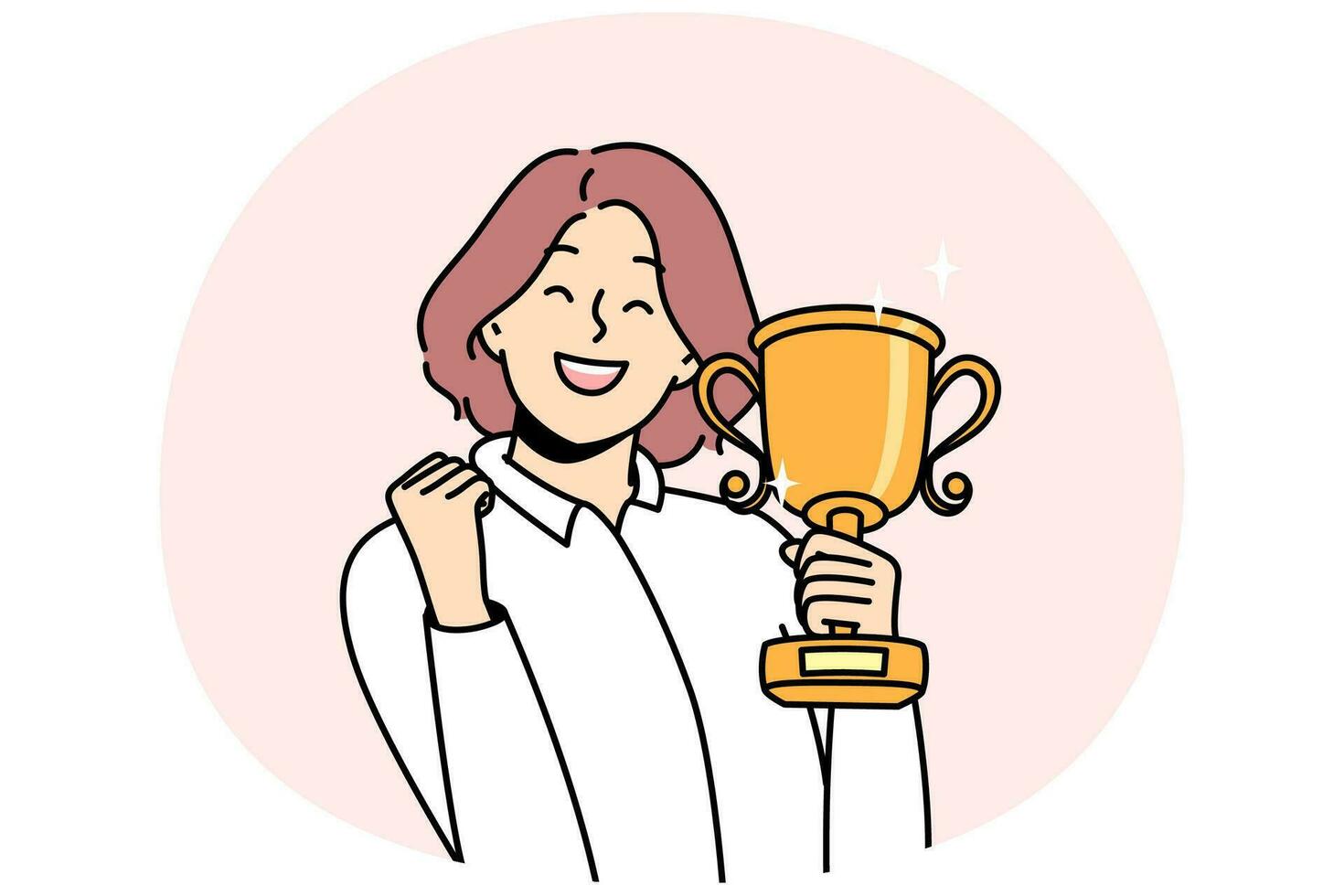 lycklig ung kvinna med guld trofén i händer fira vinna eller seger. leende affärskvinna med gyllene pris- upphetsad med personlig prestation eller Framgång. vektor illustration.
