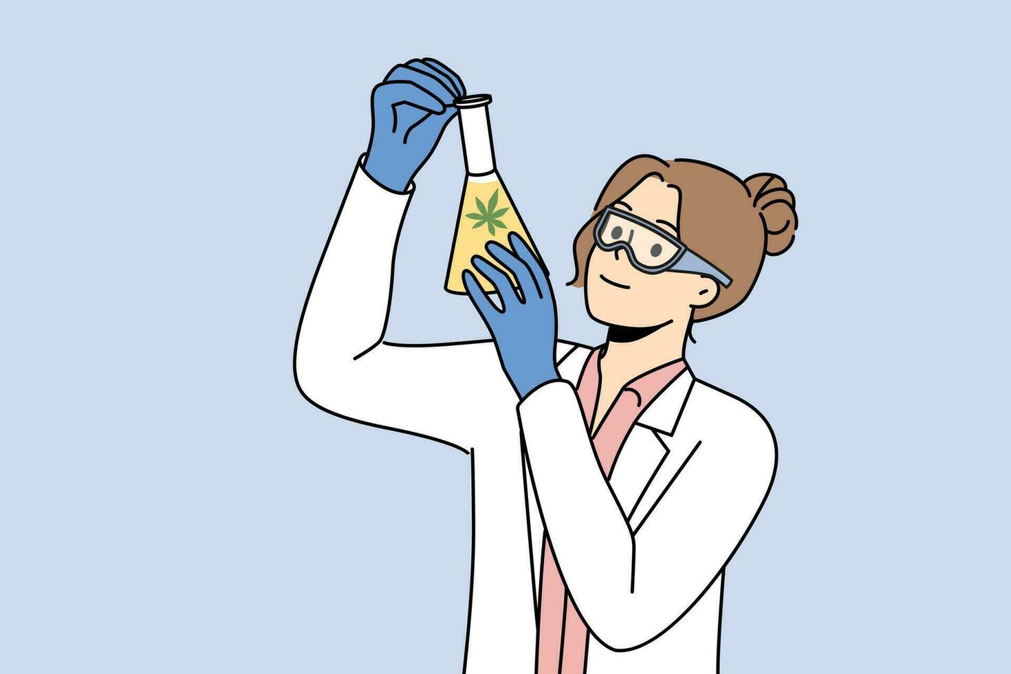 kvinna laboratorium assistent med cannabis olja i testa rör utforskar läkning egenskaper marijuana. flicka forskare arbetssätt på skapande av mediciner från cannabis, innehav flaska med grön narkotisk olja vektor