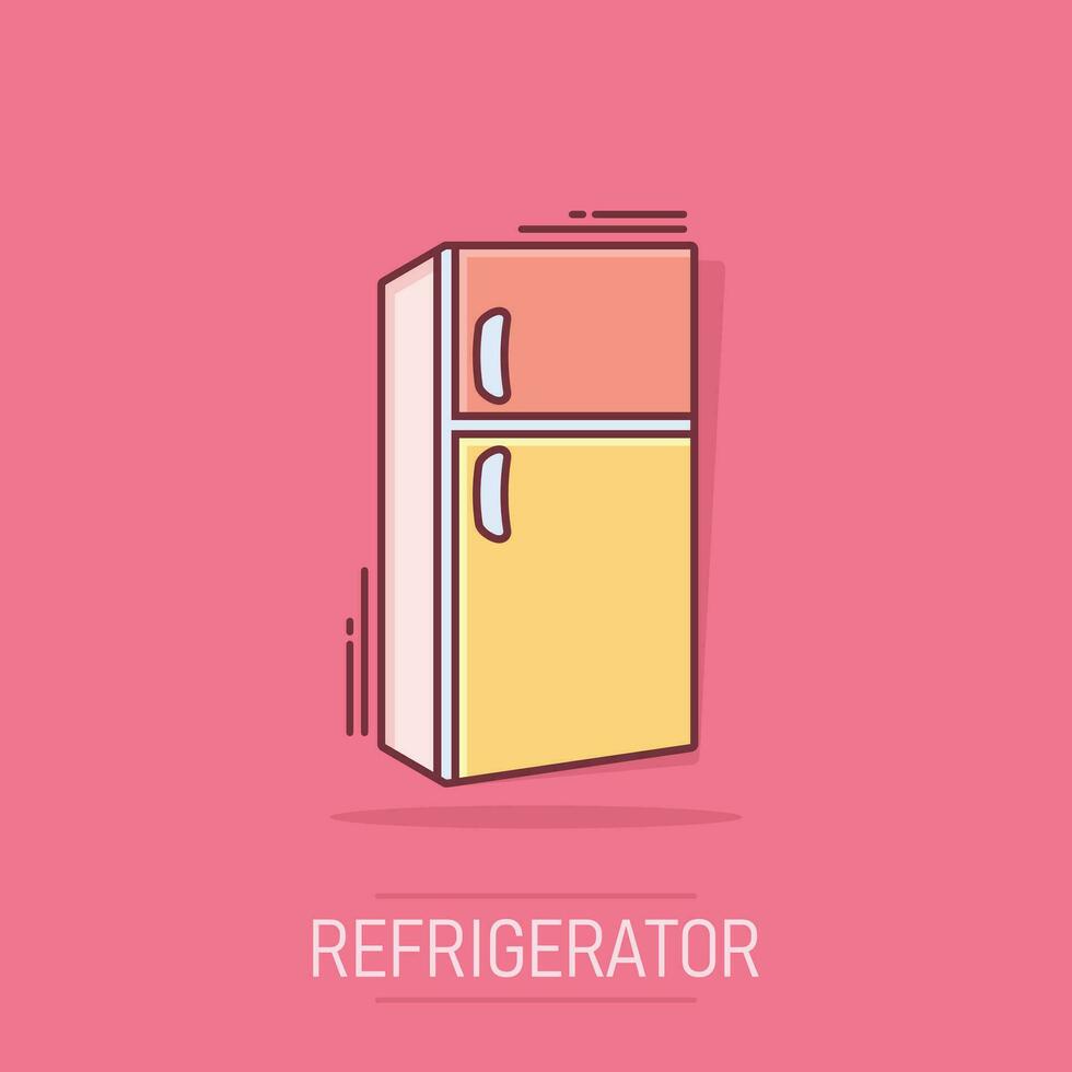 kylskåp kylskåp ikon i komisk stil. frys behållare vektor tecknad serie illustration piktogram stänk effekt.
