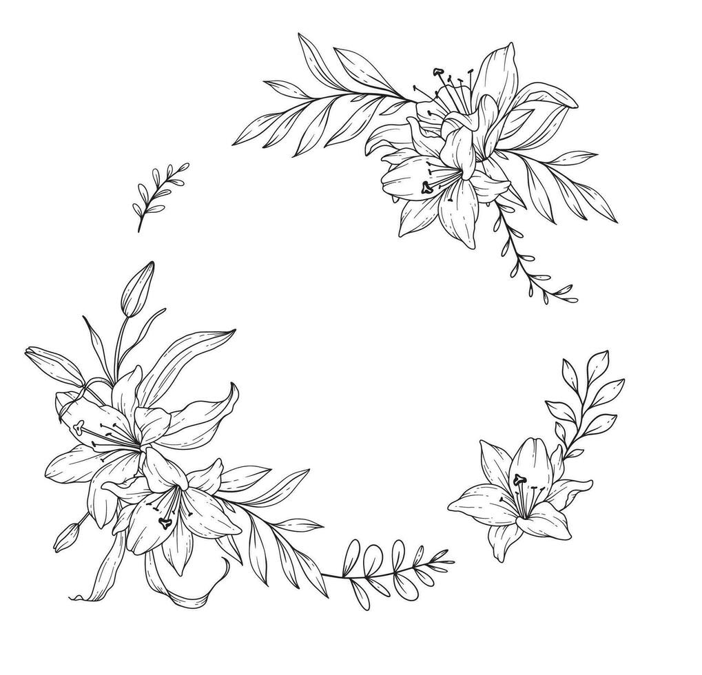 Lilie Linie Zeichnung. schwarz und Weiß Blumen- Rahmen. Blumen- Linie Kunst. fein Linie Lilie Illustration. Hand gezeichnet Gliederung Blumen. botanisch Färbung Buchseite. Hochzeit Einladung Blumen vektor