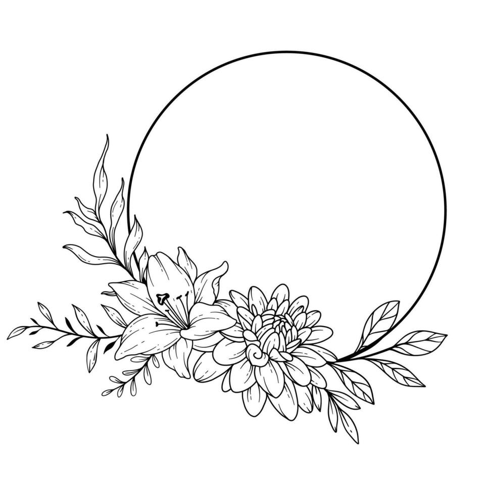vild linje teckning. svart och vit blommig ramar. blommig linje konst. bra linje vild illustration. hand dragen översikt blommor. botanisk färg sida. bröllop inbjudan blommor vektor