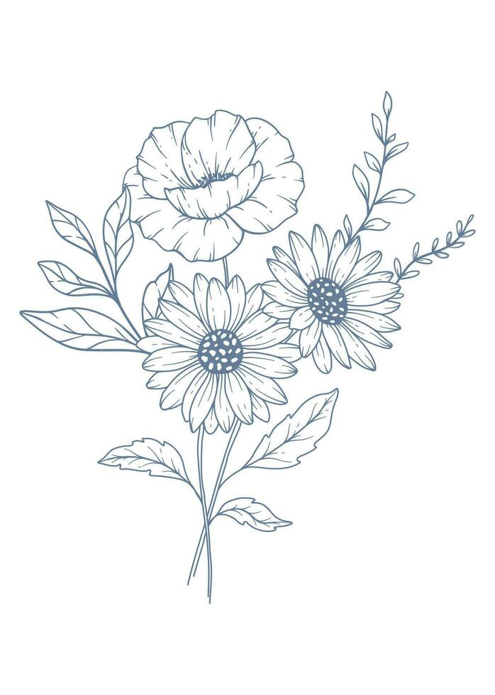 vild linje teckning. svart och vit blommig buketter. blomma färg sida. blommig linje konst. bra linje vild illustration. hand dragen blommor. botanisk färg. bröllop inbjudan blommor vektor