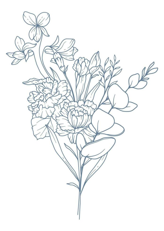 vild linje teckning. svart och vit blommig buketter. blomma färg sida. blommig linje konst. bra linje vild illustration. hand dragen blommor. botanisk färg. bröllop inbjudan blommor vektor