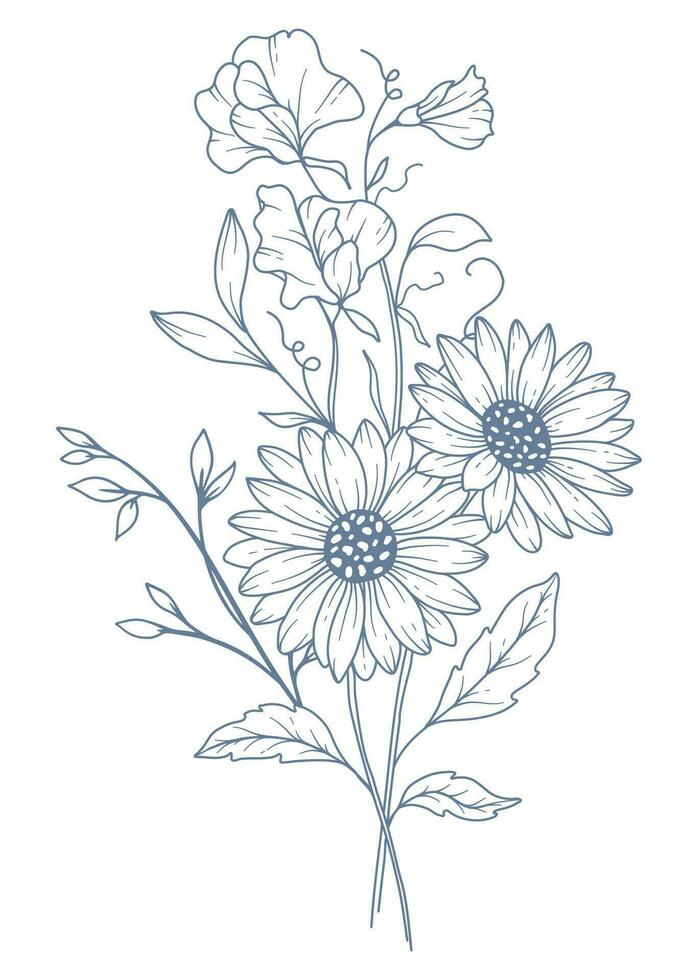 vild linje teckning. svart och vit blommig buketter. blomma färg sida. blommig linje konst. bra linje vild illustration. hand dragen blommor. botanisk färg. bröllop inbjudan blommor vektor