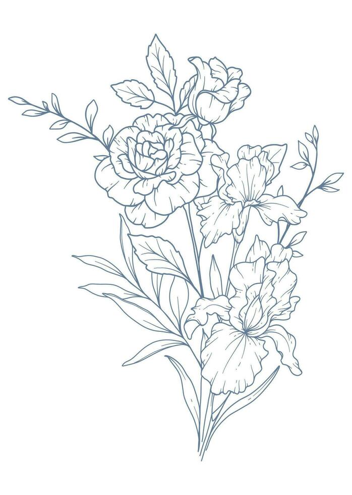 vild linje teckning. svart och vit blommig buketter. blomma färg sida. blommig linje konst. bra linje vild illustration. hand dragen blommor. botanisk färg. bröllop inbjudan blommor vektor