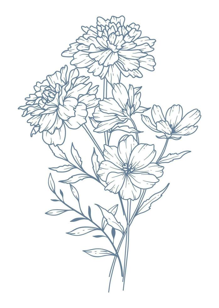 Wildblumen Linie Zeichnung. schwarz und Weiß Blumen- Blumensträuße. Blume Färbung Buchseite. Blumen- Linie Kunst. fein Linie Wildblumen Illustration. Hand gezeichnet Blumen. botanisch Färbung. Hochzeit Einladung Blumen vektor