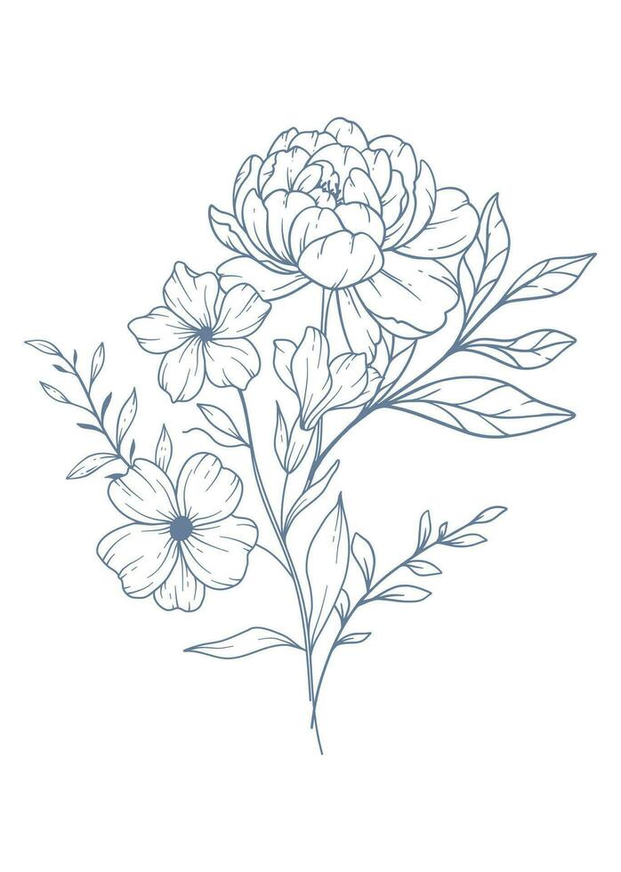 vild linje teckning. svart och vit blommig buketter. blomma färg sida. blommig linje konst. bra linje vild illustration. hand dragen blommor. botanisk färg. bröllop inbjudan blommor vektor