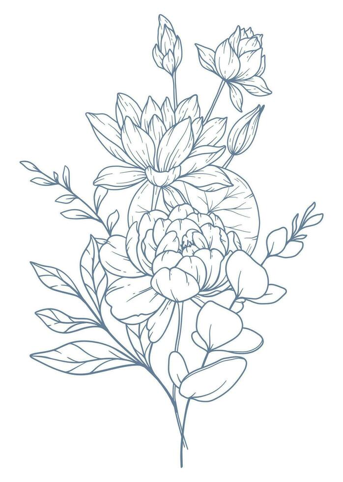 vild linje teckning. svart och vit blommig buketter. blomma färg sida. blommig linje konst. bra linje vild illustration. hand dragen blommor. botanisk färg. bröllop inbjudan blommor vektor