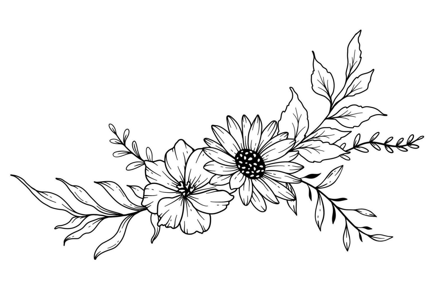 Wildblumen Linie Zeichnung. schwarz und Weiß Blumen- Blumensträuße. Blume Färbung Buchseite. Blumen- Linie Kunst. fein Linie Wildblumen Illustration. Hand gezeichnet Blumen. botanisch Färbung. Hochzeit Einladung Blumen vektor