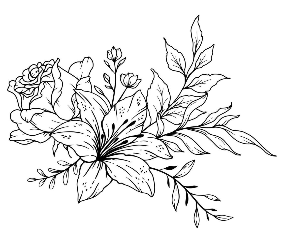 vild linje teckning. svart och vit blommig buketter. blomma färg sida. blommig linje konst. bra linje vild illustration. hand dragen blommor. botanisk färg. bröllop inbjudan blommor vektor