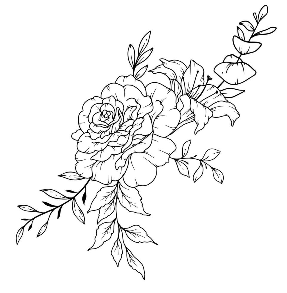 Wildblumen Linie Zeichnung. schwarz und Weiß Blumen- Blumensträuße. Blume Färbung Buchseite. Blumen- Linie Kunst. fein Linie Wildblumen Illustration. Hand gezeichnet Blumen. botanisch Färbung. Hochzeit Einladung Blumen vektor