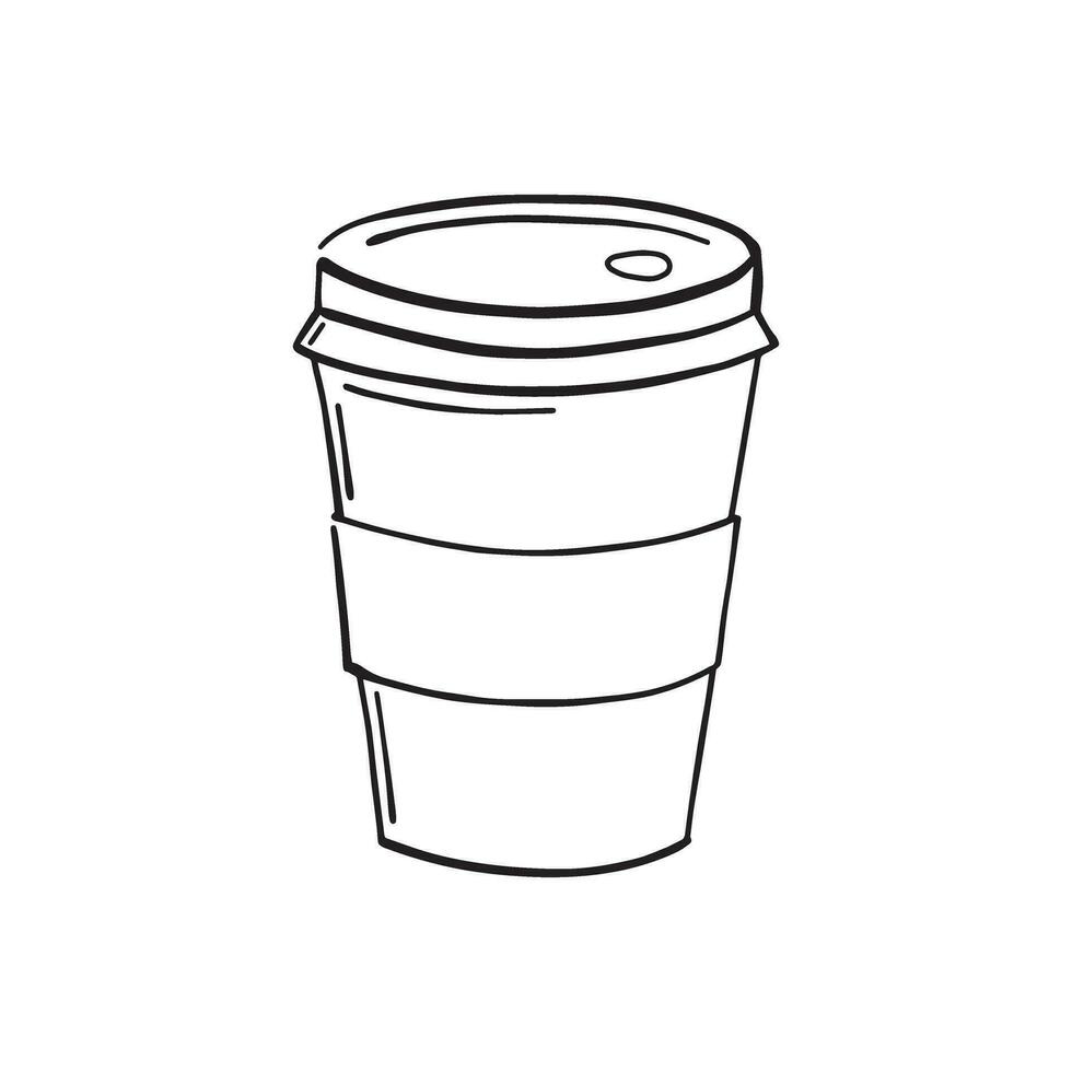 disponibel kartong kopp med plast keps lock. hand dragen illustration av varm dryck i klotter enkel linje årgång stil. graverat design, för Kafé, kaffe till gå. vektor illustration