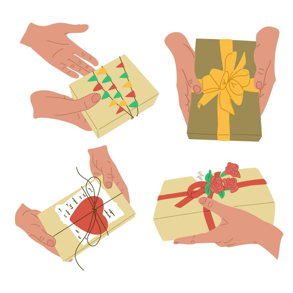 uppsättning av kvinna elegant händer med gåvor på Semester. fyra klippa av händer ger gåvor på Semester. födelsedag, alla hjärtans dag, jul, årsdag begrepp kompositioner. Bra för klistermärke, Skriv ut, mönster vektor