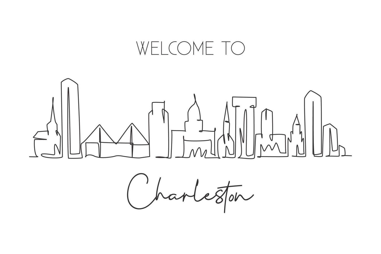 eine einzige linie, die charleston city skyline south carolina zeichnet. welthistorische Stadtlandschaft. beste Urlaubszielpostkarte. Bearbeitbarer Strich trendige durchgehende Linie zeichnen Design-Vektor-Illustration vektor