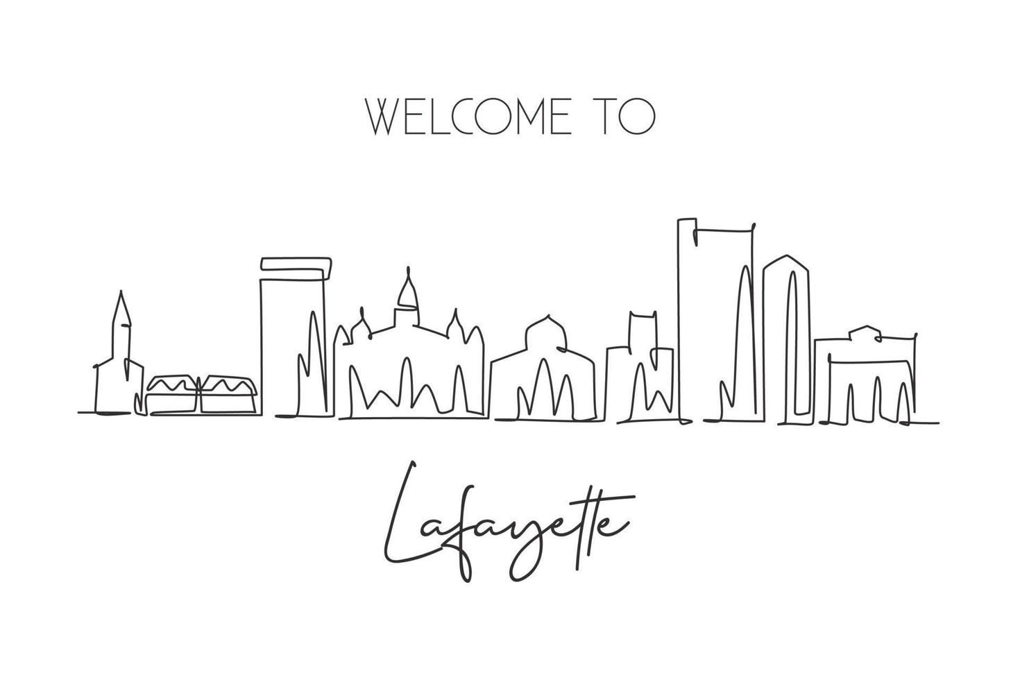 Eine durchgehende Strichzeichnung der Skyline von Lafayette, Louisiana. schönes Wahrzeichen. Weltlandschaftstourismus Reisehauptwanddekor-Plakatdruck. stilvolle einzeilig zeichnende Design-Vektorillustration vektor