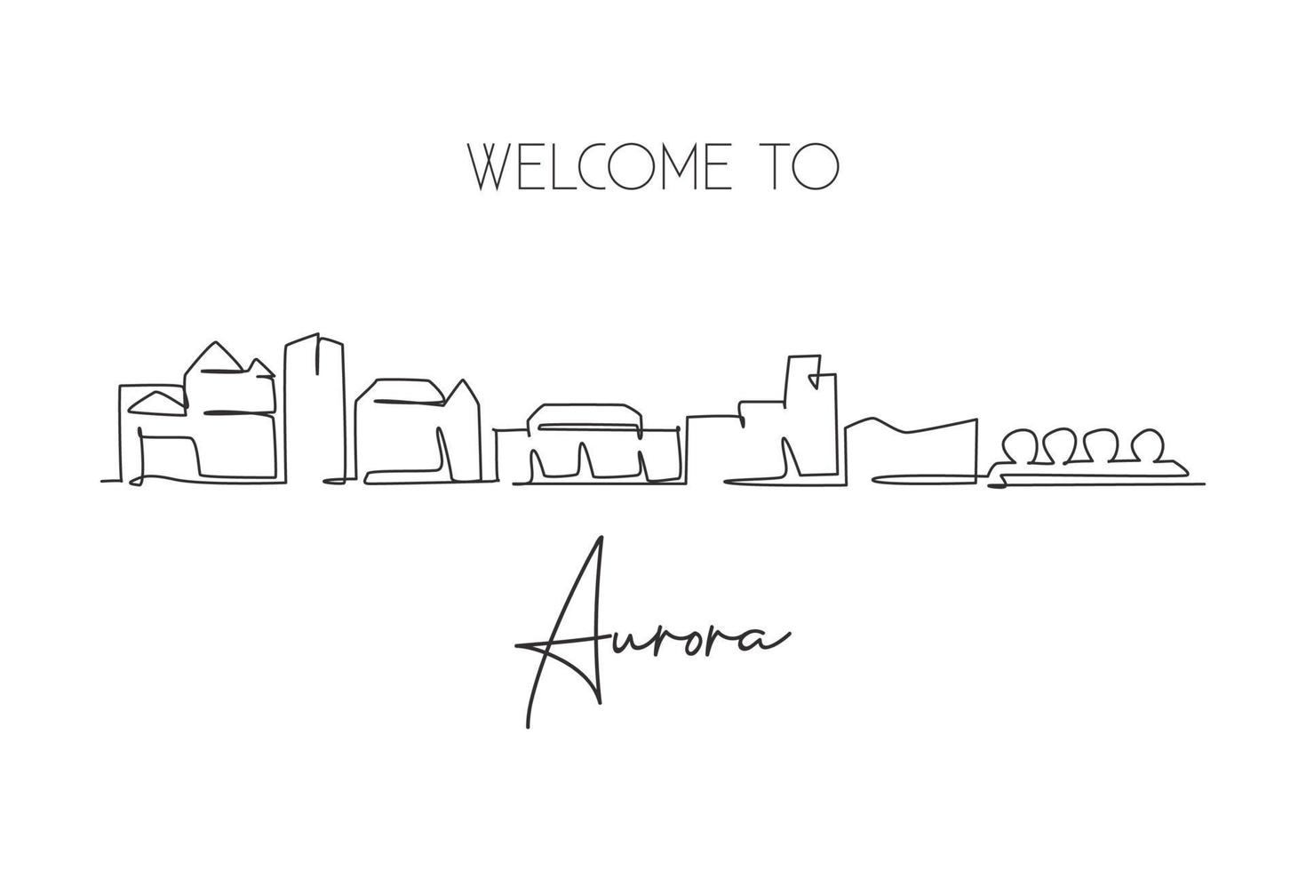 enda kontinuerlig linje ritning av aurora city skyline, colorado. känt stadsskraplandskap. världsresor hem väggdekor konst affisch tryck koncept. modern en linje rita design vektor illustration