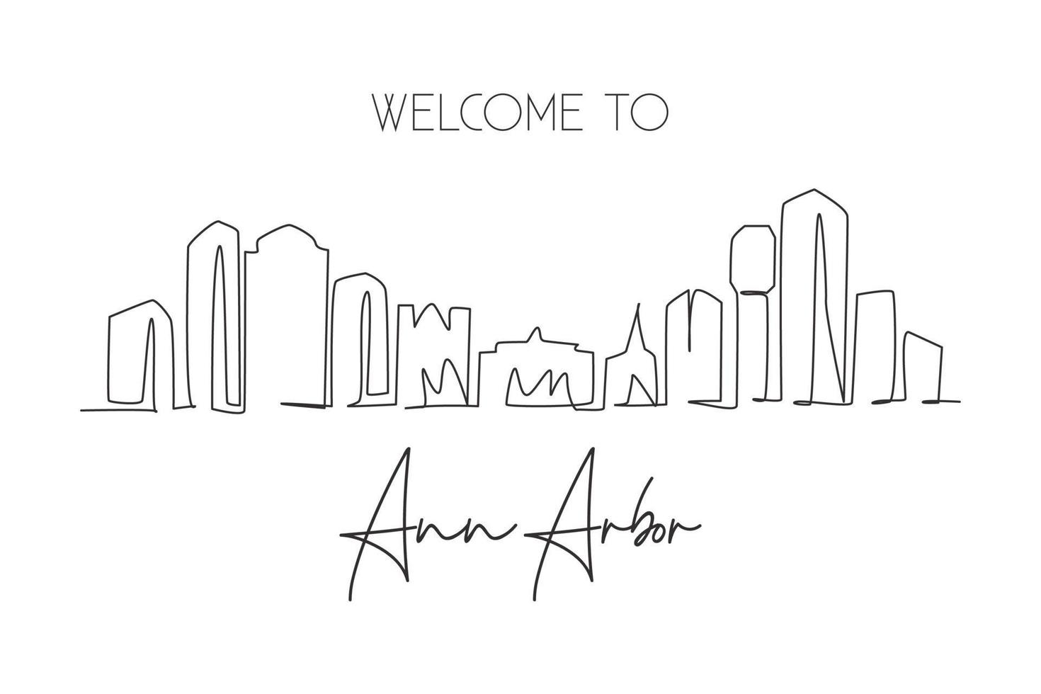 Eine durchgehende Strichzeichnung der Skyline von Ann Arbor, Michigan. schönes Wahrzeichen. Weltlandschaftstourismus Reisehauptwanddekor-Plakatdruck. stilvolle einzeilig zeichnende Design-Vektorillustration vektor