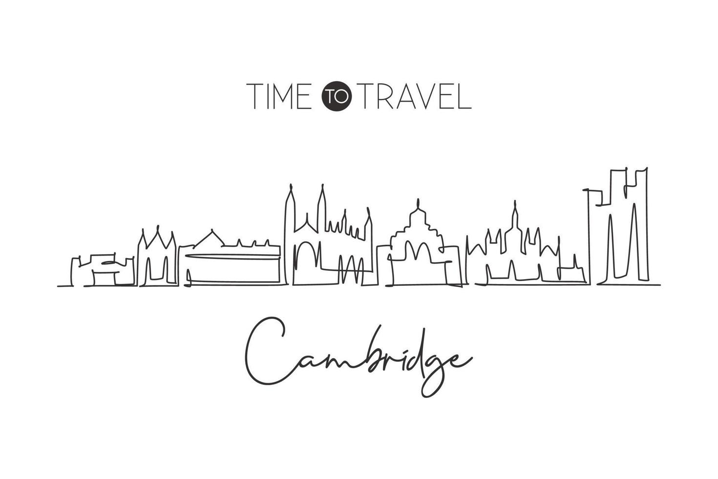 en kontinuerlig ritning av Cambridge Citys skyline, England. vackert landmärke. världens landskapsturism resa hem väggdekoraffisch. snygg enkel linje rita design vektor illustration