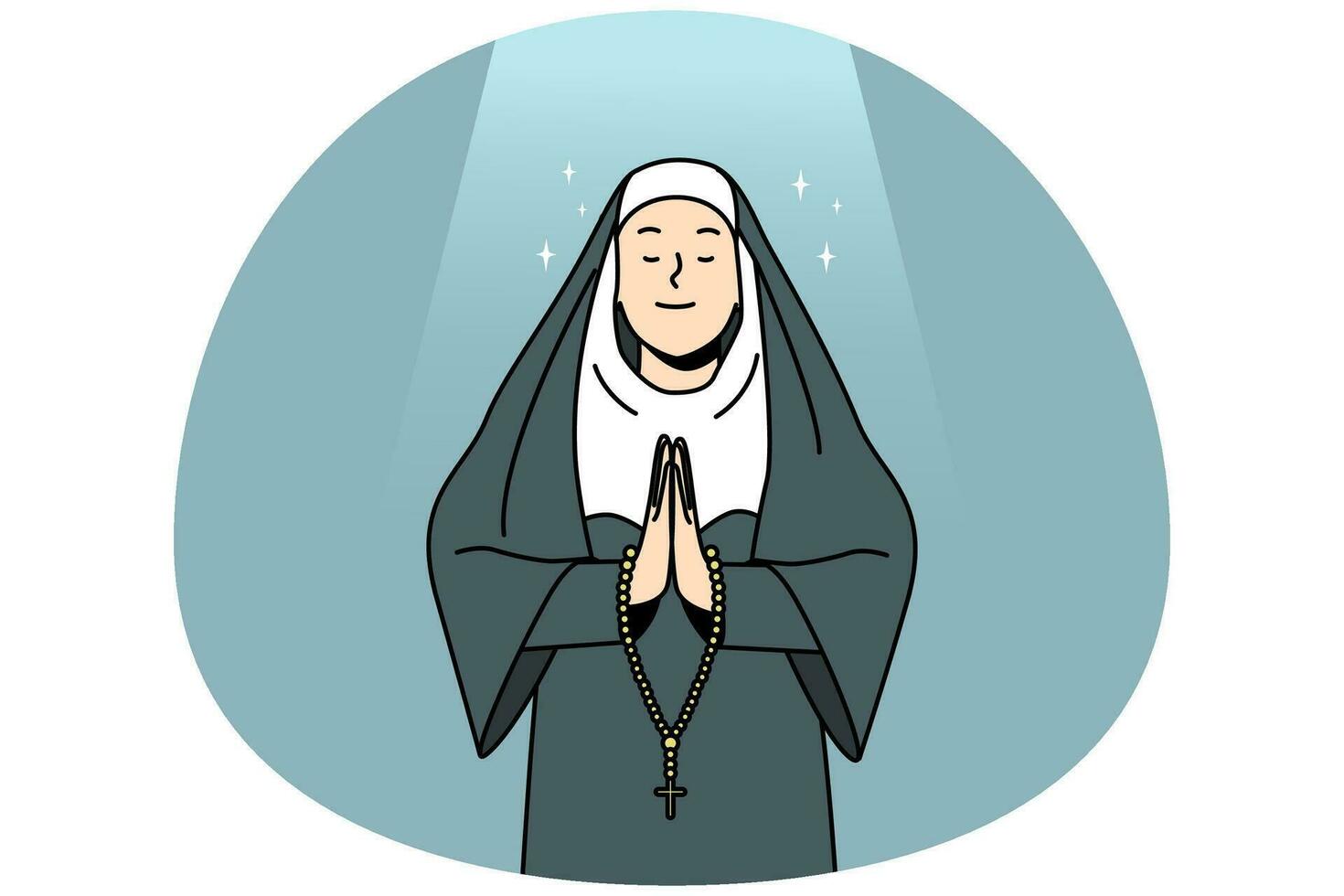 ruhige nonne in traditioneller kleidung betet. kirchenschwester mit rosenkranz spricht mit gott. Religions- und Glaubenskonzept. Vektor-Illustration. vektor