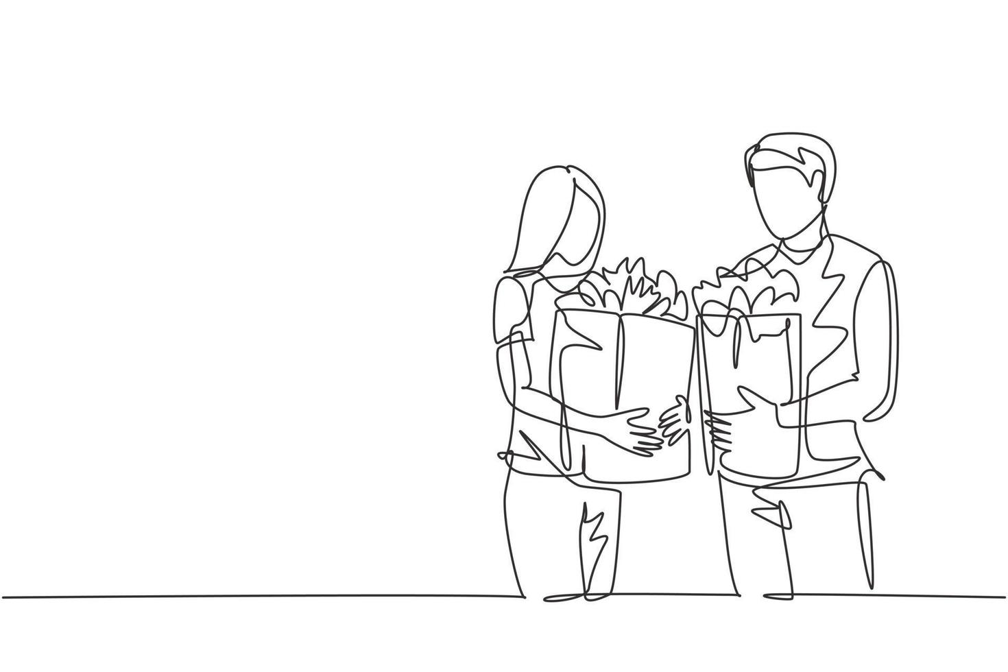 enda kontinuerlig radritning ungt lyckligt par som håller livsmedelspapperspåse efter att ha handlat tillsammans i mataffären. köpa dagligvarukoncept. en linje rita vektor grafisk design illustration