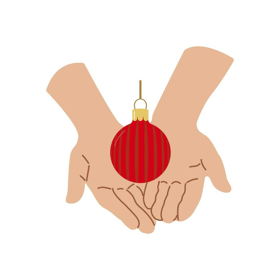 Urlaub Zuhause Dekoration Hand mit Weihnachten Ball Design zum Banner, Netz. Palmen mit ein rot Ball. Vektor Illustration...