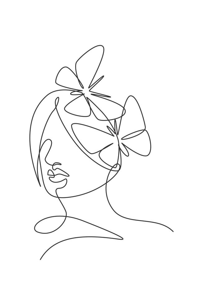 en kontinuerlig linje ritning sexig kvinna abstrakt ansikte med fjäril vingar logotyp. kvinnligt porträtt minimalistisk stil koncept. kosmetisk ikon. dynamisk enkel linje rita design grafisk vektor illustration
