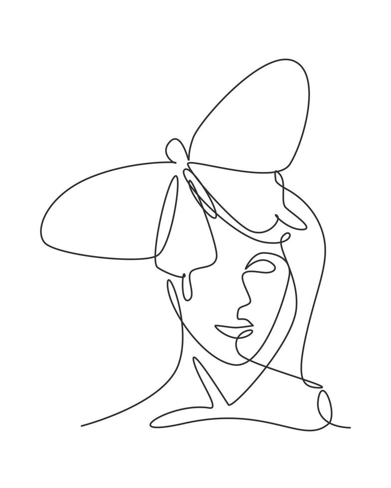 en enda linje ritning kvinna med fjäril linje konst vektor illustration. kvinnligt abstrakt ansikte fjärilvingar porträtt minimalistisk mode stil koncept. modern kontinuerlig linje grafisk ritdesign