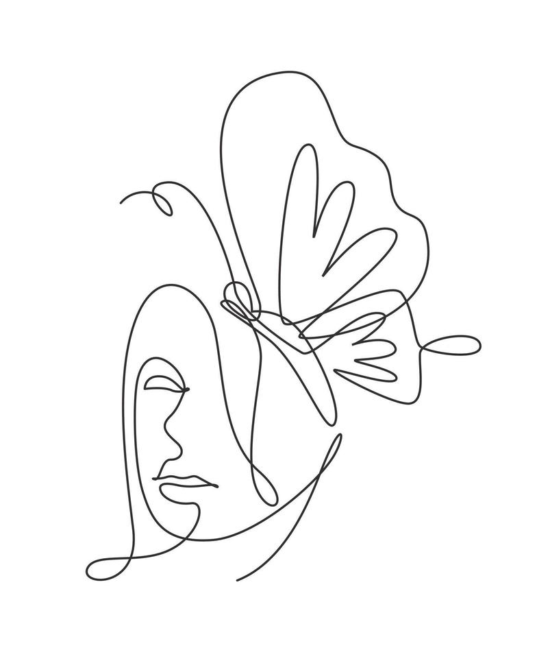 en enda linje ritning kvinna med fjäril linje konst vektor illustration. kvinnligt abstrakt ansikte fjäril botanik porträtt minimalistisk tryck stil koncept. modern kontinuerlig linje rita grafisk design