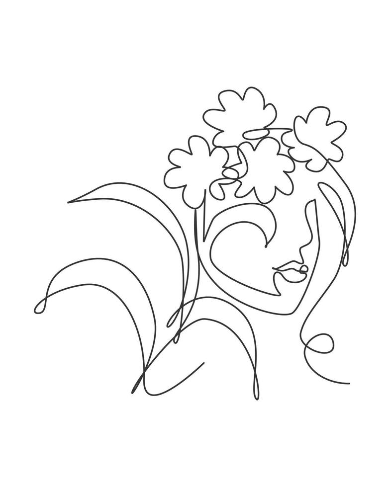 en enda linje ritning skönhet abstrakt ansikte med naturliga blommor vektor illustration. kvinna porträtt minimalistisk stil koncept för vägg konst inredning tryck. modern kontinuerlig linje rita grafisk design
