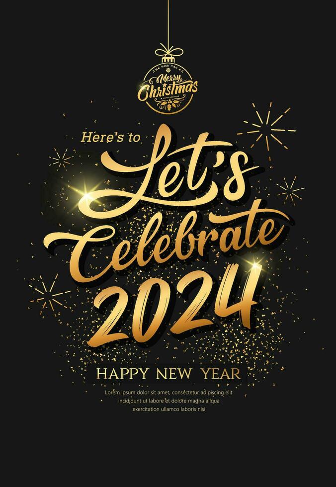 låt oss fira 2024 ny år, guld band och fyrverkeri affisch flygblad design på svart bakgrund, eps10 vektor illustration