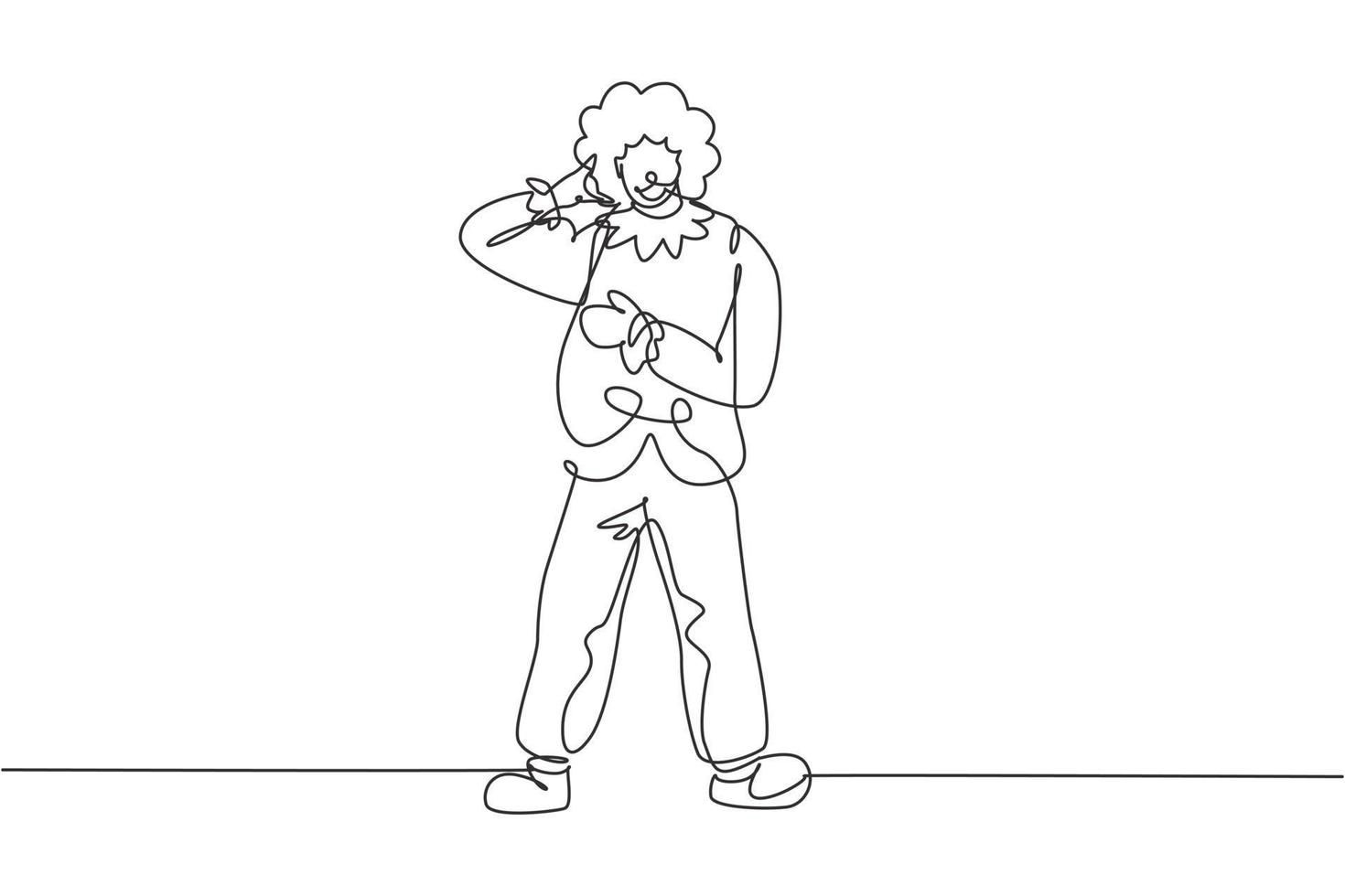 Single One Line Drawing Clown steht mit Call me Geste mit Perücke und Clownkostüm bereit, das Publikum in der Zirkusarena zu unterhalten. moderne durchgehende Linie zeichnen Design-Grafik-Vektor-Illustration vektor