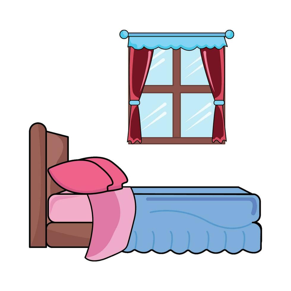 dubbel- säng i sovrum med fönster illustration vektor