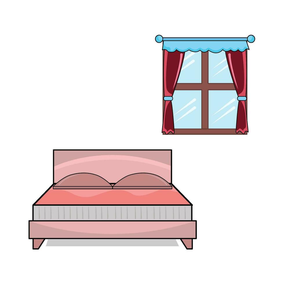 dubbel- säng i sovrum med fönster illustration vektor