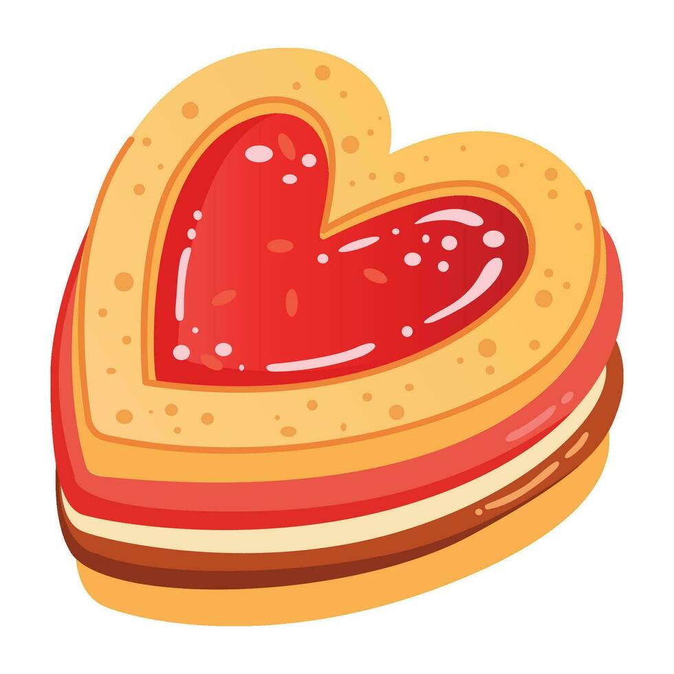 hjärtformade kaka med skiktad garnering, jordgubb sylt, grädde, och choklad. ljuv kärlek symbol. Lycklig hjärtans dag bageri gåva. dekorerad kaka vektor illustration.