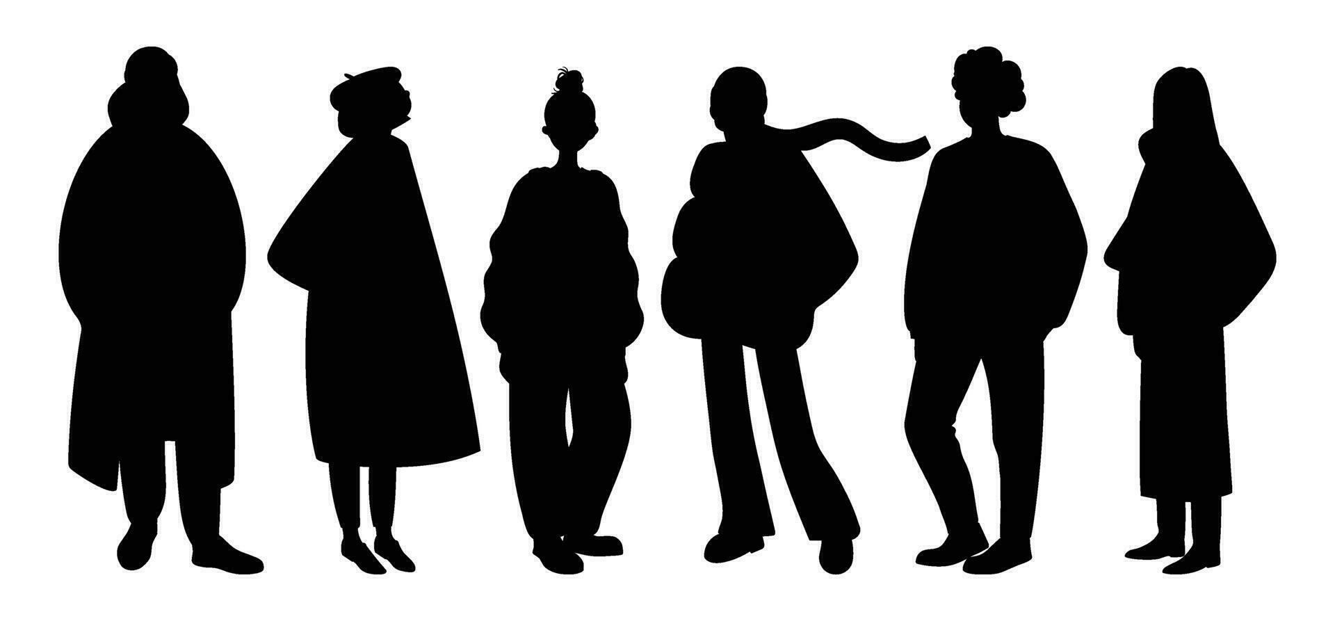 schwarz Silhouette von stilvoll Frauen und Männer im modisch Frühling oder fallen Outfits. Gruppe von Hand gezeichnet jung Menschen Figuren. modern Straße Stil Mädchen und Leute. Vektor Illustration.