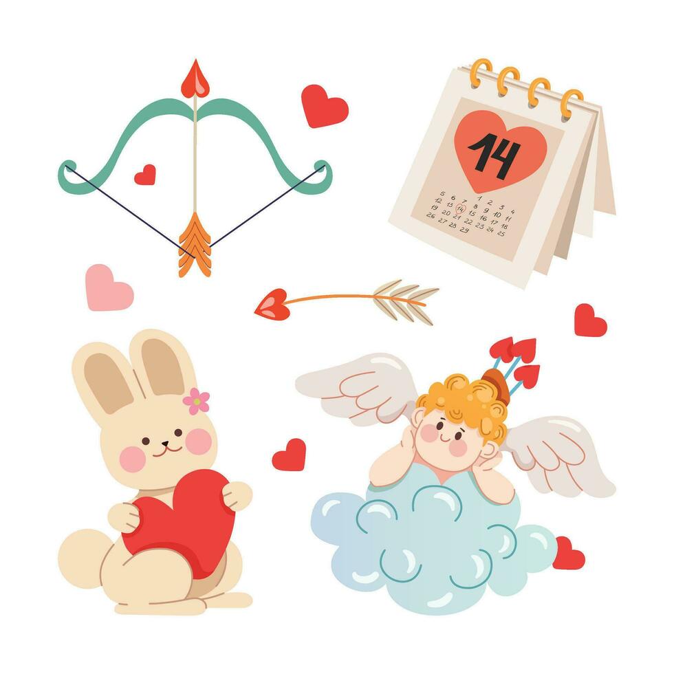 valentines dag element ClipArt. Amor, rosett och pil, februari 14:e kalender, och kanin med hjärta. uppsättning av tecknad serie stil vektor illustrationer för hälsning kort, banderoller, klistermärken, och inbjudningar.