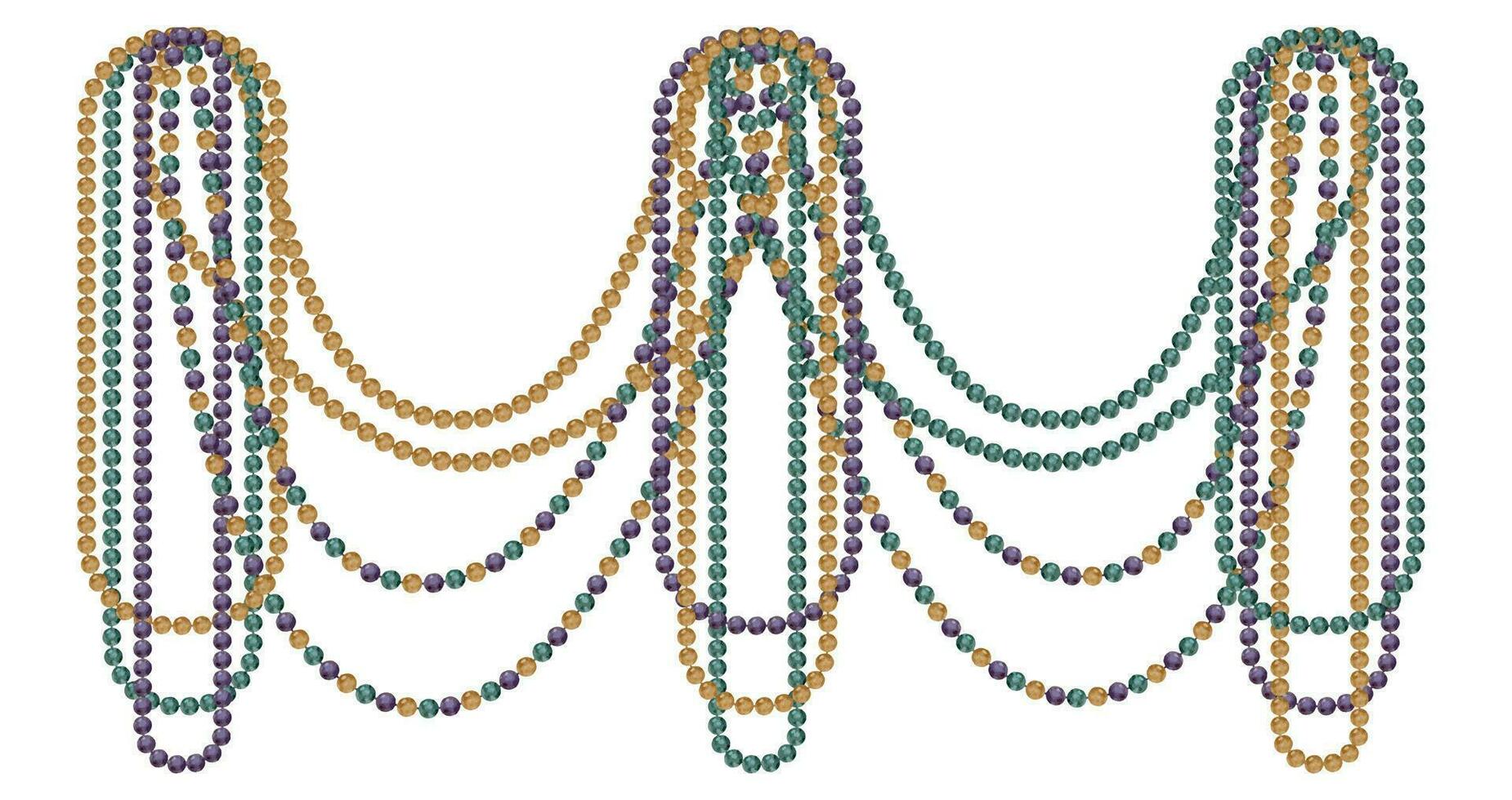 hand dragen vattenfärg mardi gras karneval symboler. krans hängande glas pärla pärla strängar halsband, guld lila grön. sammansättning isolerat på vit bakgrund. design fest inbjudan, skriva ut, affär vektor