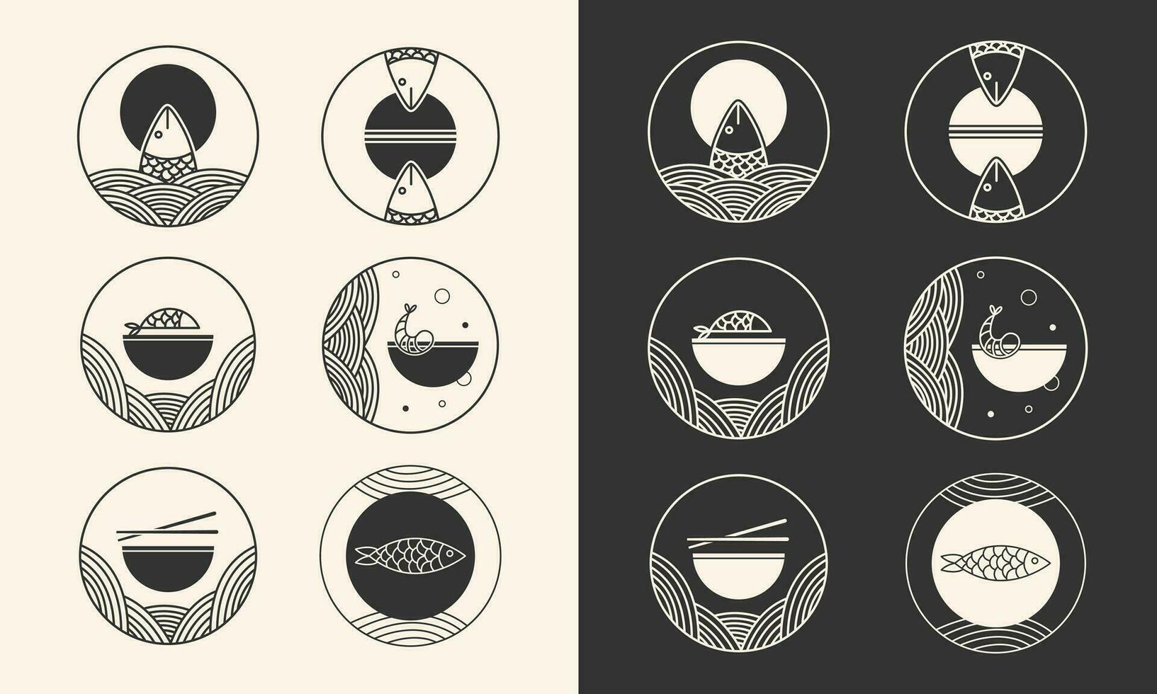 logotyp ikon fisk, nudel restaurang Kafé vektor uppsättning