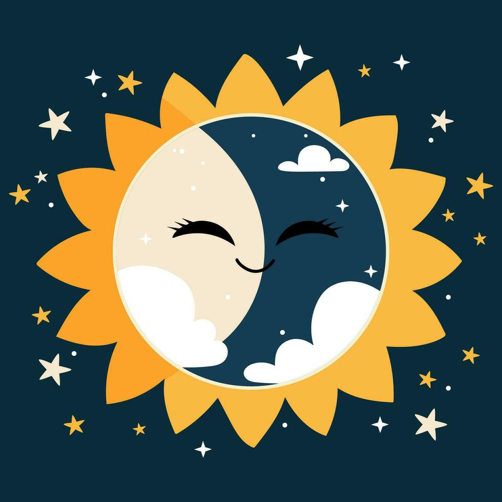 söt sol- förmörkelse begrepp design för ungar. leende måne och Sol bakgrund med stjärnor. vektor