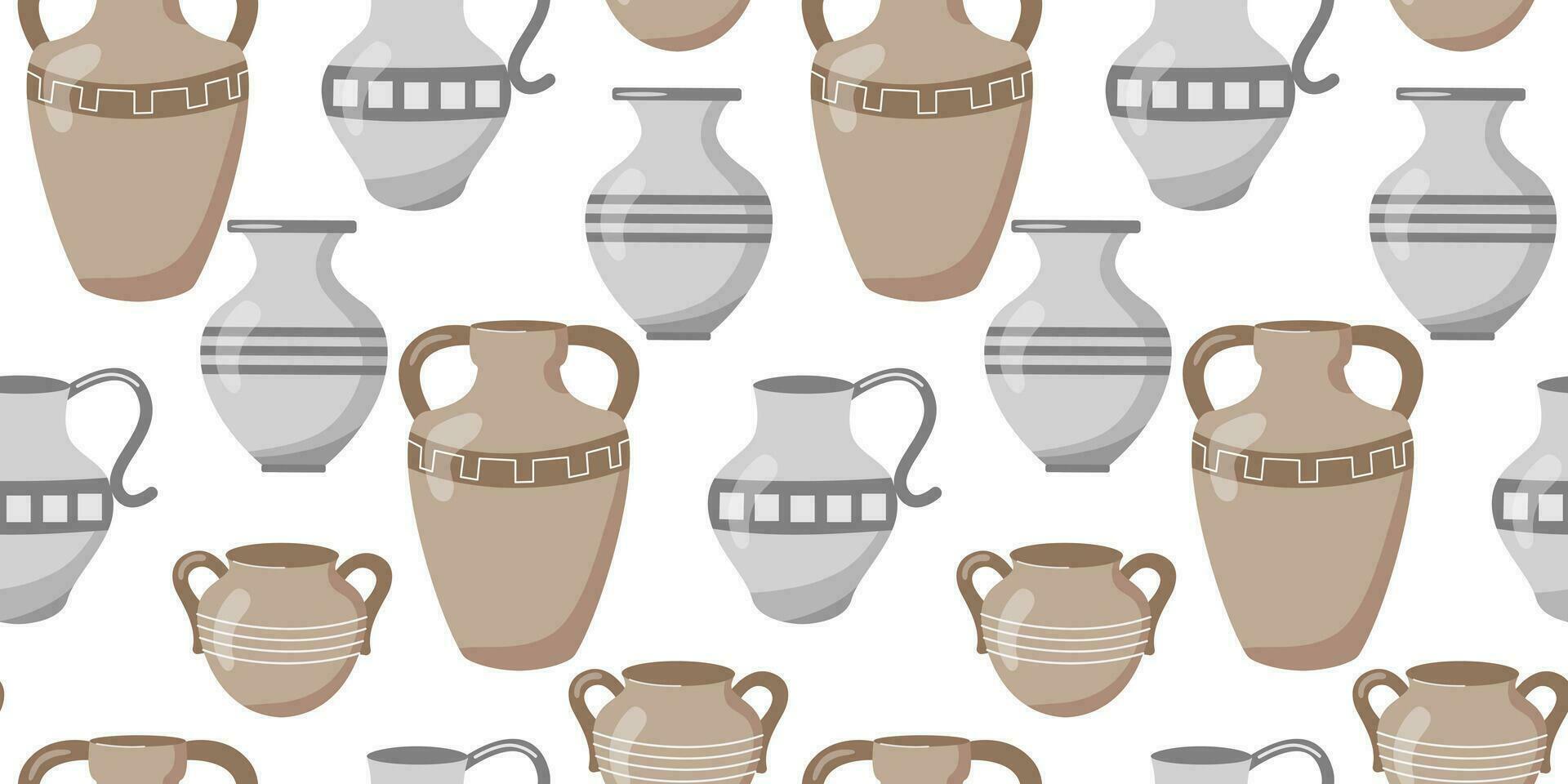 sömlös mönster med gammal grekisk vaser och burkar uppsättning. keramisk vaser samling. tecknad serie vektor skriva ut. antik stil krukmakeri lera burkar