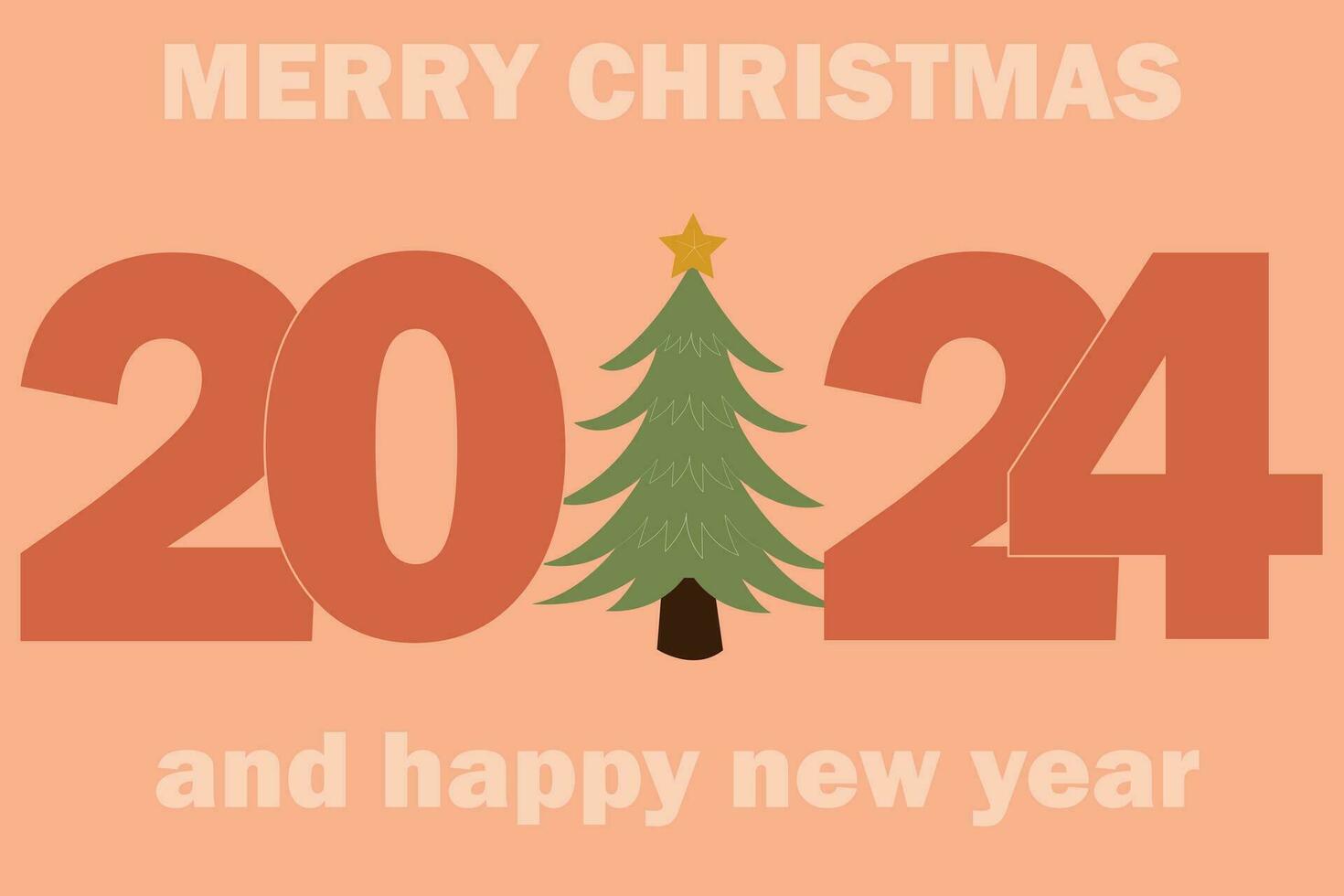 Neu Jahr Gruß Banner Weihnachten Baum von das Jahr 2024. glücklich Neu Jahr Design von Zahlen 2024 auf Pfirsich Flaum Hintergrund. Design zum Poster, Banner, Gruß, 2024 Feier. vektor