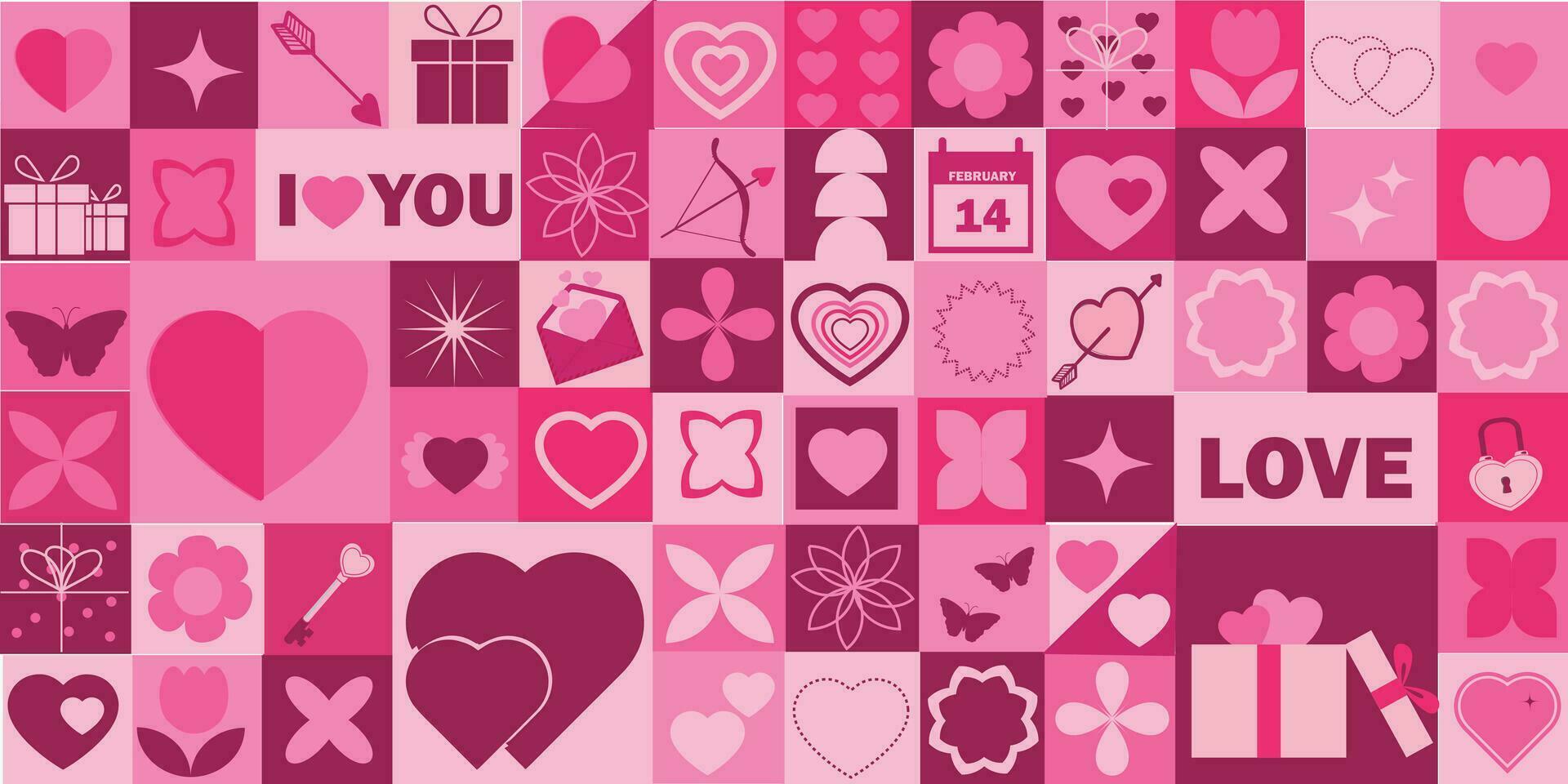 geometrisch Valentinstag Tag nahtlos Muster mit geometrisch Formen. romantisch Vektor Hintergrund. Liebe und Herzen. modern abstrakt Konzept zum drucken, Banner, Stoff, Karte, Verpackung Papier, Abdeckung.