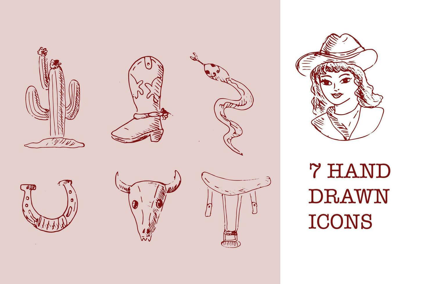 hand dragen skiss översikt vild väst cowgirl ikoner. vektor illustration i årgång stil. vektor uppsättning inkluderad kaktus, cowgirl, känga, orm, hästsko, skalle av djur, sadel.